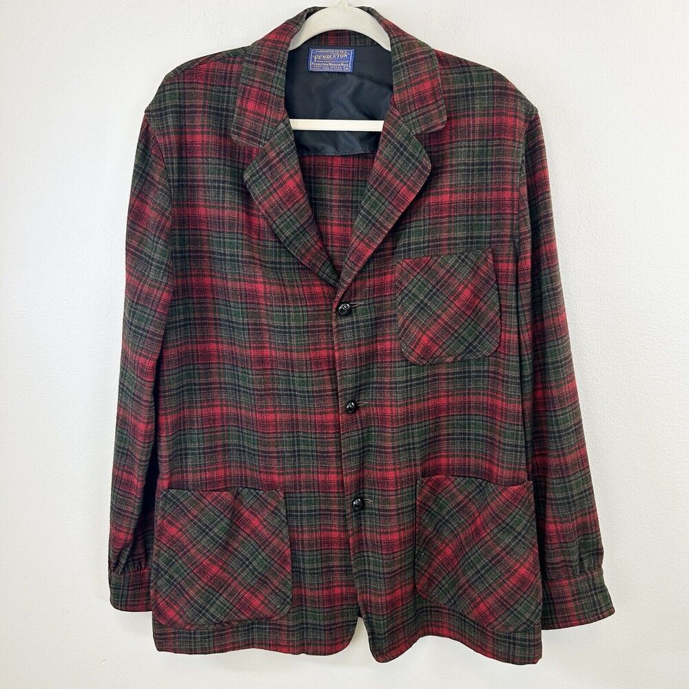 Vintage Pendleton Blazer M Wool Red Green Plaid Flannel Pockets 3 Button Closure
